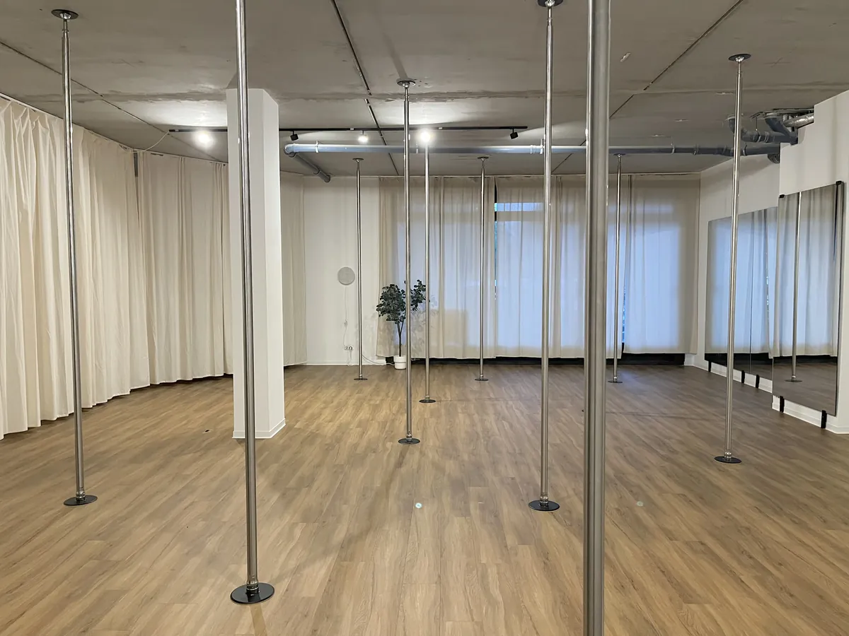 Main pole room in daylight with curtained windows and floor-to-ceiling mirrors